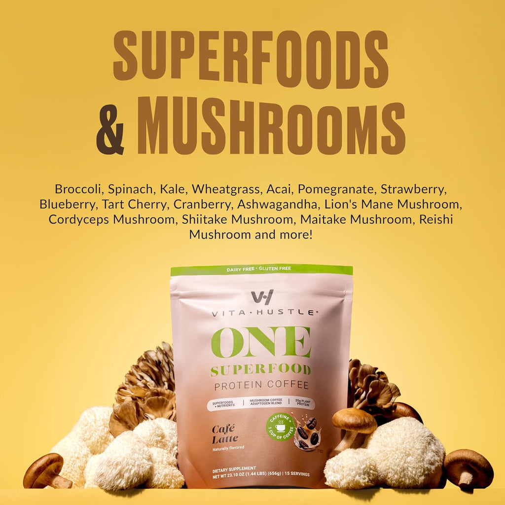 VitaHustle ONE Protein Coffee - Superfood Meal Replacement Powder, Plant Based Protein Shake Powder, Vegan. Superfoods, Vitamins, Ashwagandha, Functional Mushroom Blend (Cafe Latte) 15 Servings