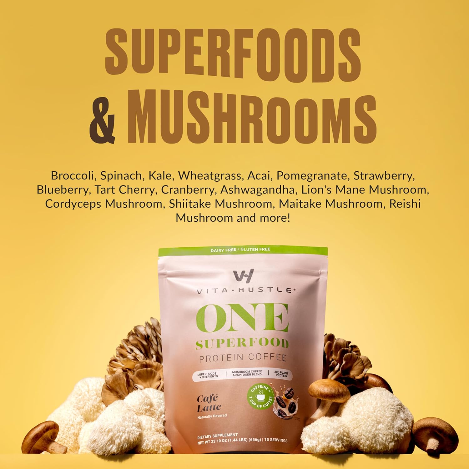 VitaHustle ONE Protein Coffee - Superfood Meal Replacement Powder, Plant Based Protein Shake Powder, Vegan. Superfoods, Vitamins, Ashwagandha, Functional Mushroom Blend (Cafe Latte) 15 Servings