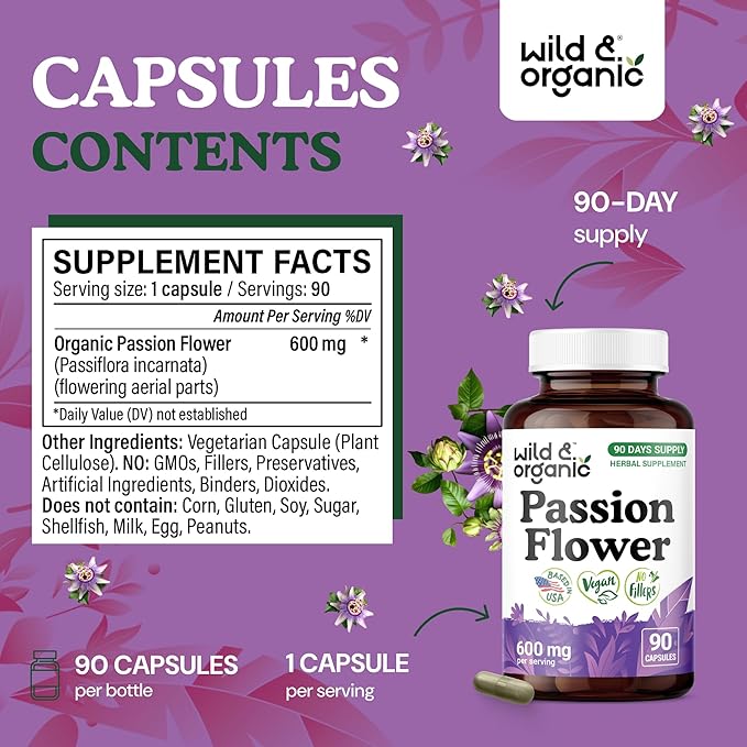 Wild & Organic Passion Flower Capsules 600 mg - Calming & Mood Support - Passionflower Extract Supplement - Passiflora Incarnata Herb - Vegan, No Fillers, Non-GMO - 90 Count