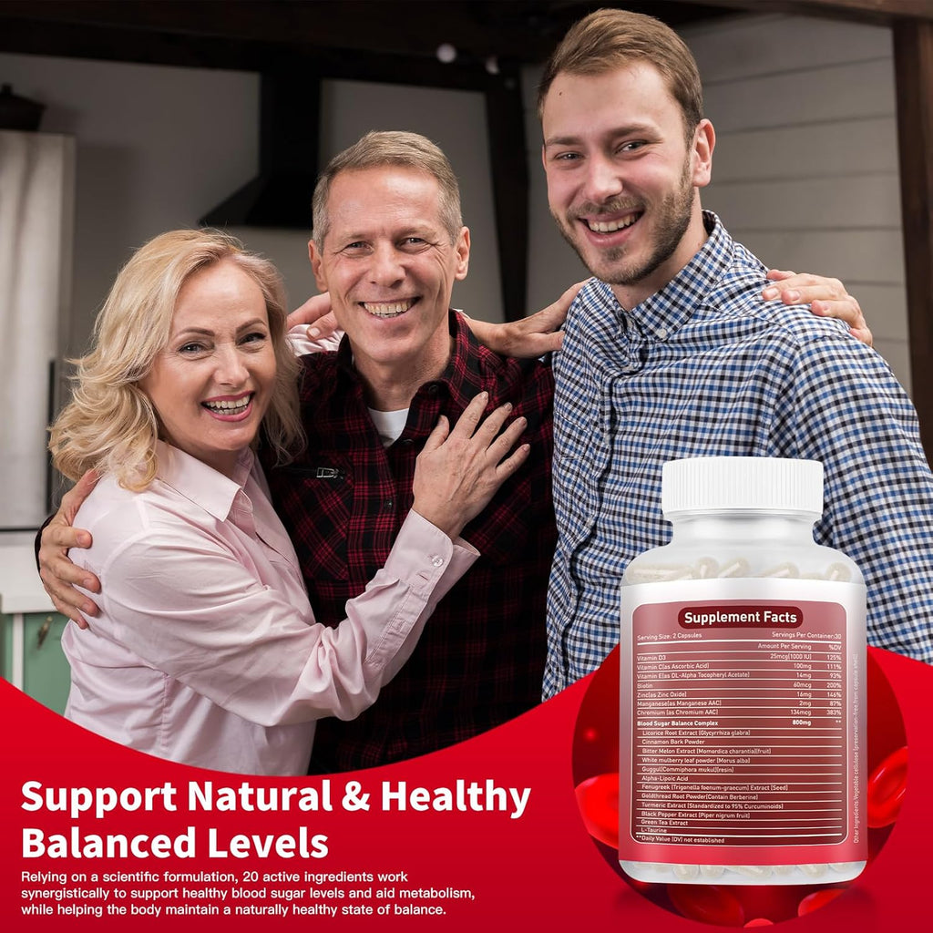 Blood Sugar Complex Supplement – Supports Healthy Blood Sugar in Normal Range, Natural with 20 Active Ingredients Including Cinnamon and Bitter Melon, Non-GMO, 60 Capsules (1)