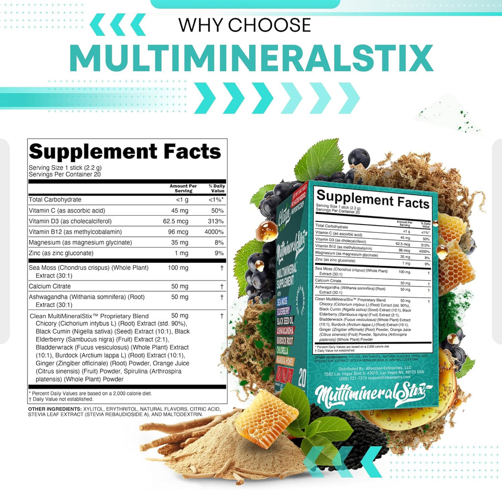 Sea Moss Powder Elderberry Ashwagandha Chlorella Manuka Honey VitaminD3 Vitamin C Zinc Spirulina Iodine Greens Detox Immune Support Sugar Free Hydration Powder Drink Mix – 20 Sticks