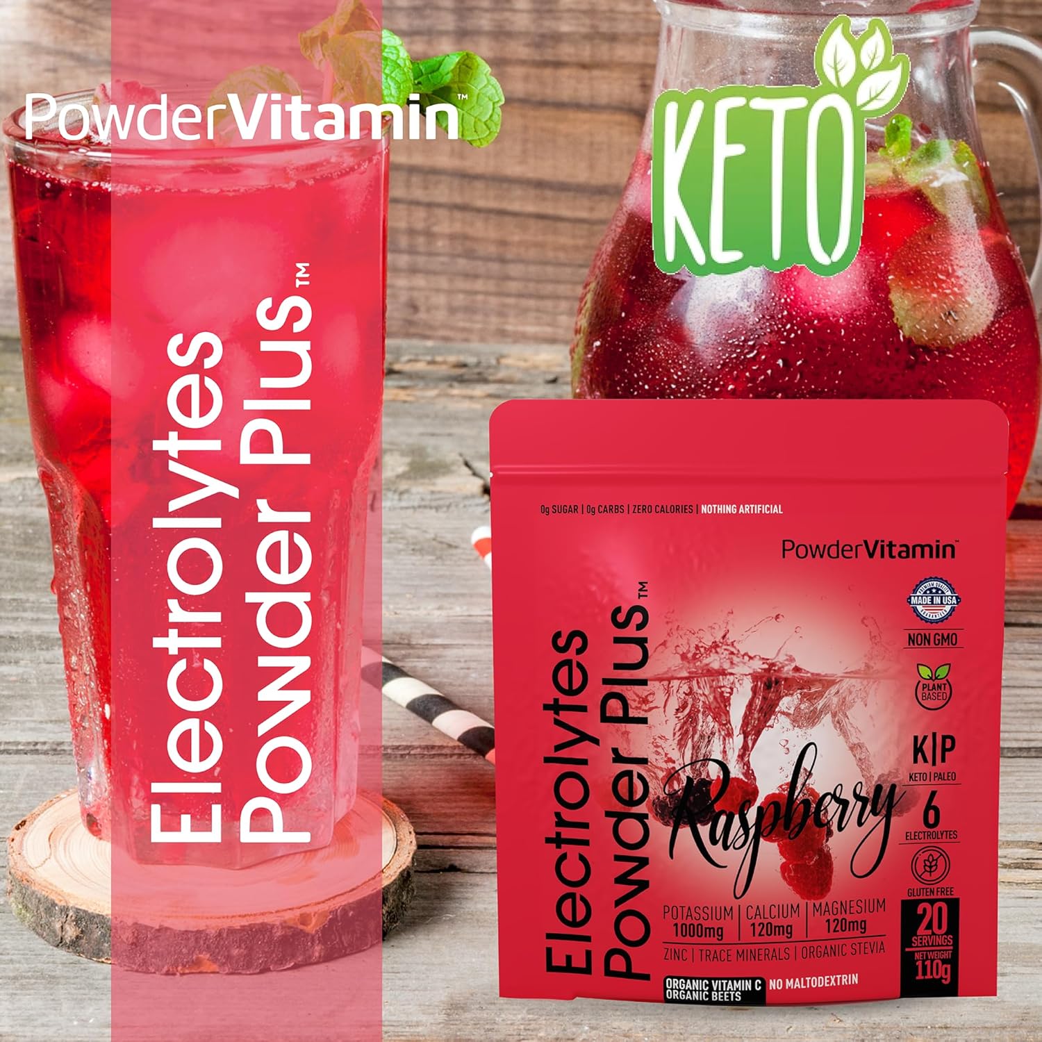 PowderVitamin Electrolytes Powder Plus (20 Servings) Raspberry Electrolyte Powder Zero Calorie Keto,0 Sugar, No Maltodextrin,1000mg Potassium,120mg Calcium,120mg Magnesium, Pink Himalayan Salt