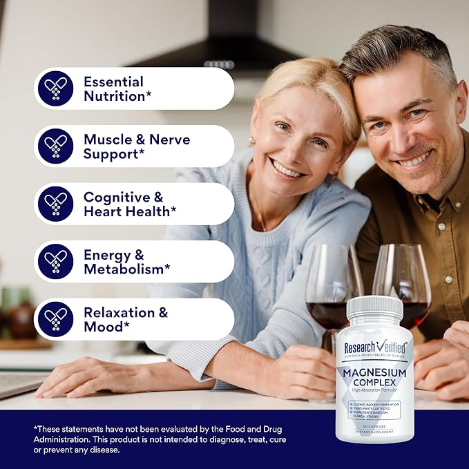Research Verified Magnesium Complex - Brain, Muscle and Nerve Support - Magnesium Bisglycinate, Malate, Citrate, and Oxide - Bioperine - Vegan - 60 Capsules - Pack of 6