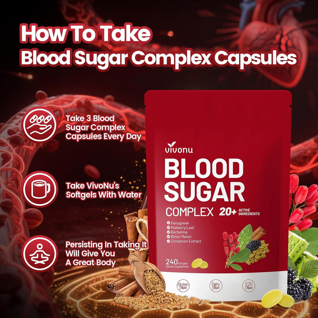 VivoNu Blood Sugar Complex Supplement | Advanced Formula with 20 Herbs and Vitamins with Cinnamon, Turmeric, Black Pepper, Licorice and More, Vegan, Non-GMO, Gluten-Free (720 Softgels-3 Bag)