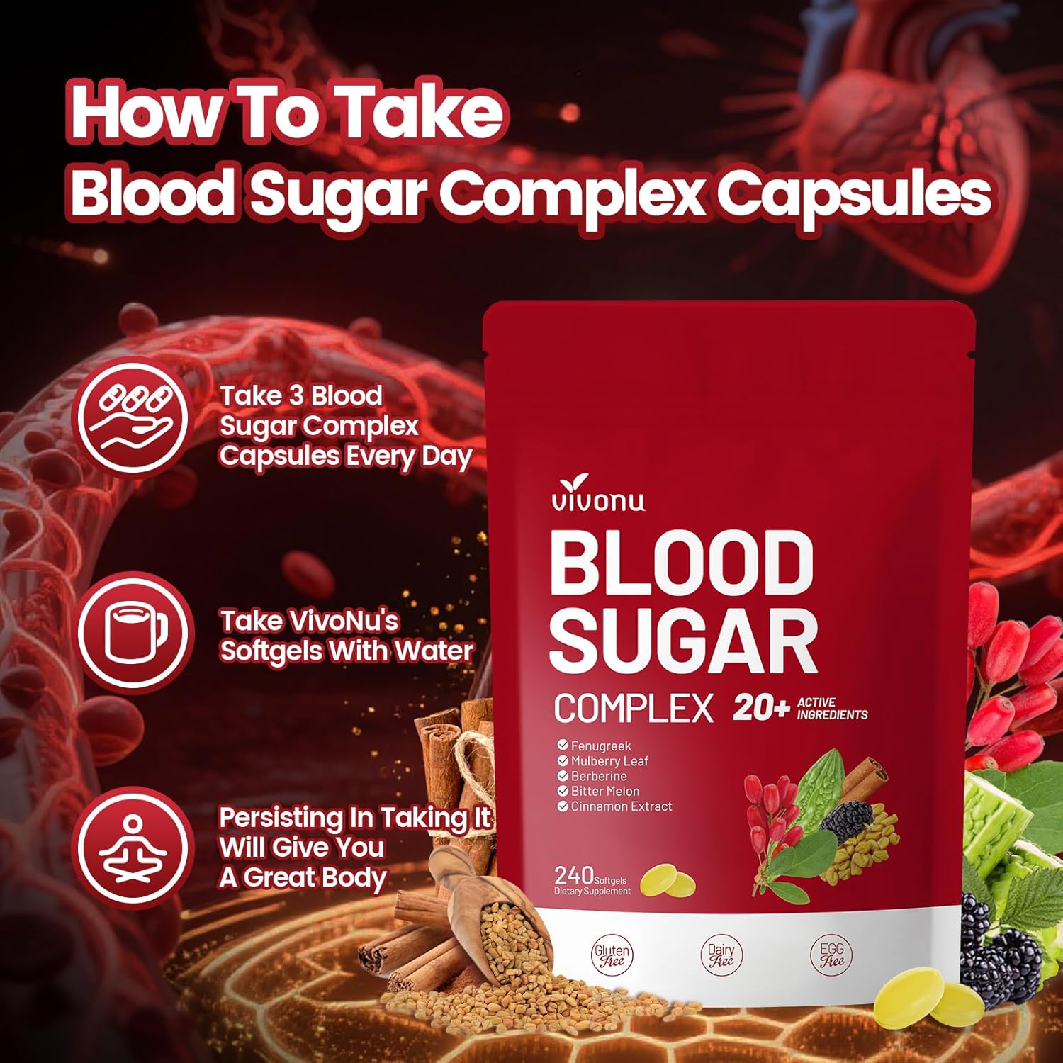 VivoNu Blood Sugar Complex 20+ Active Ingredients (480 Softgels/2 Bag)