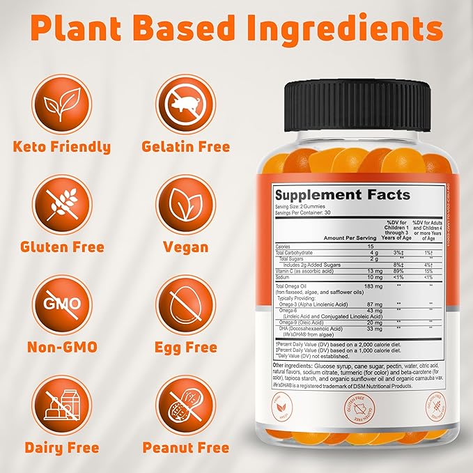 Vegan Omega 3 Gummies for Kids with DHA – Gelatin Free, Gluten Free Omega 3 6 9 Supplements Support Brain, Eye, Body & Heart Health, Immune & Joint Support – 60 Gummies, 30 Servings