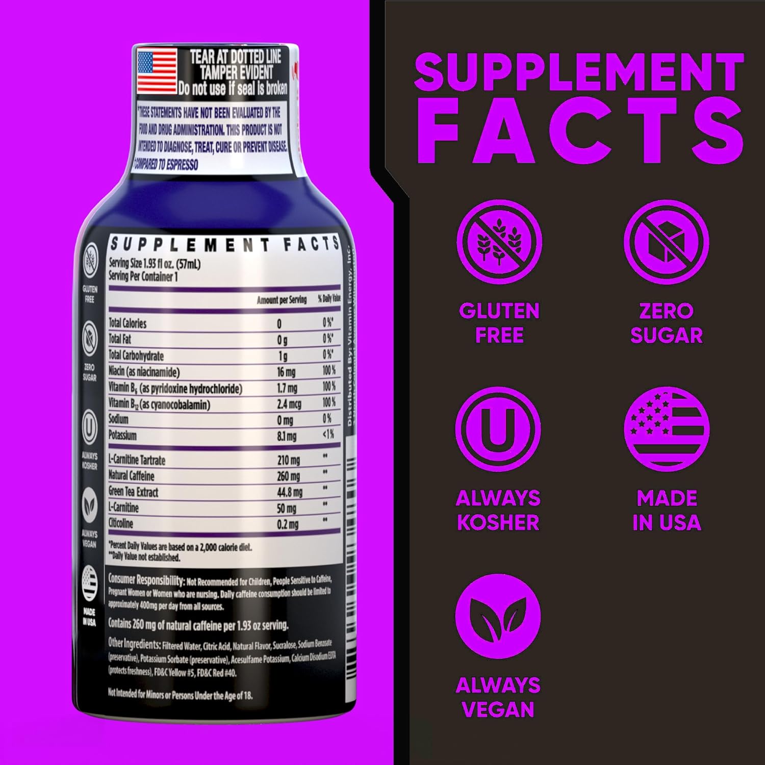 Vitamin Energy Immune+ Extra Strength Energy Shot Grape 24 Pack, 260mg Natural Caffeine, B-Vitamins, Citicoline, Green Tea, Immunity & Focus Support, Zero Sugar, Gluten-Free 1.93 fl oz
