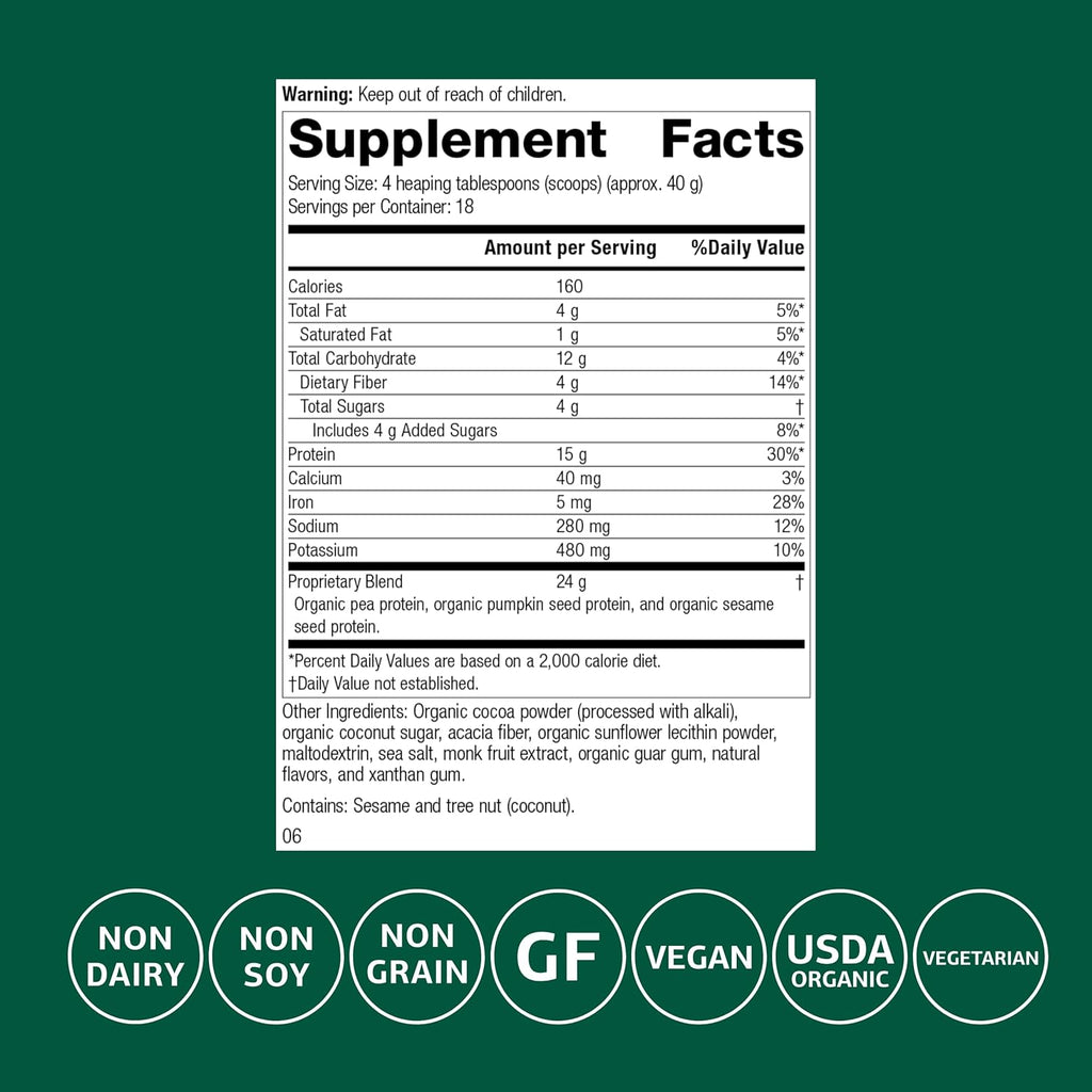 Standard Process Veg-E Complete Pro - Organic, Plant-Based Protein Powder for Muscle Building & Recovery - Supports Hair, Skin & Nails - Vegan & Gluten-Free - Chocolate, 18 Servings