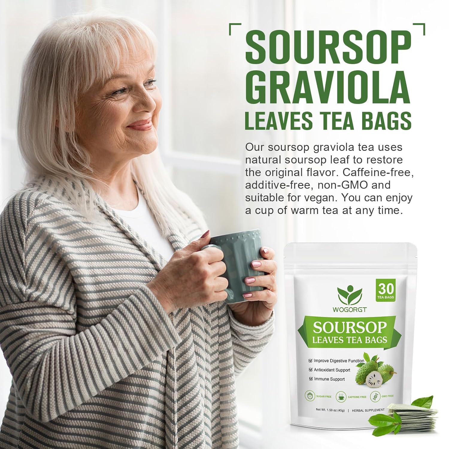 Organic Soursop Leaves Tea Bags - Soursop Graviola Leaves Herbal Tea bags for Immune Support, Antioxidant - Guanabana Leaves - Caffeine Free - 30 Tea Bags