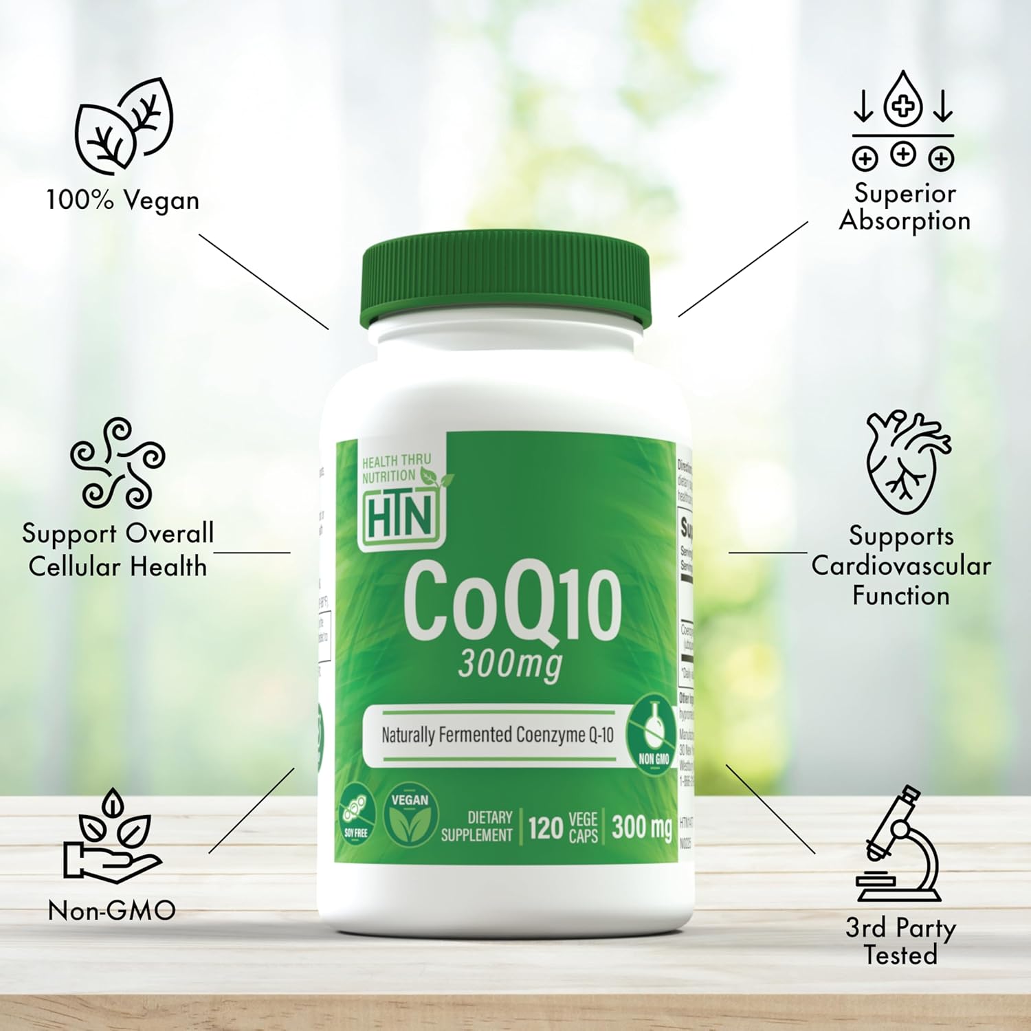 Health Thru Nutrition CoQ-10 300mg - 120 Capsules | High-Potency Ubiquinone Coenzyme Q10 | Supports Cellular Energy & Antioxidant Protection | Non-GMO, Soy-Free, Vegan, Gluten-Free