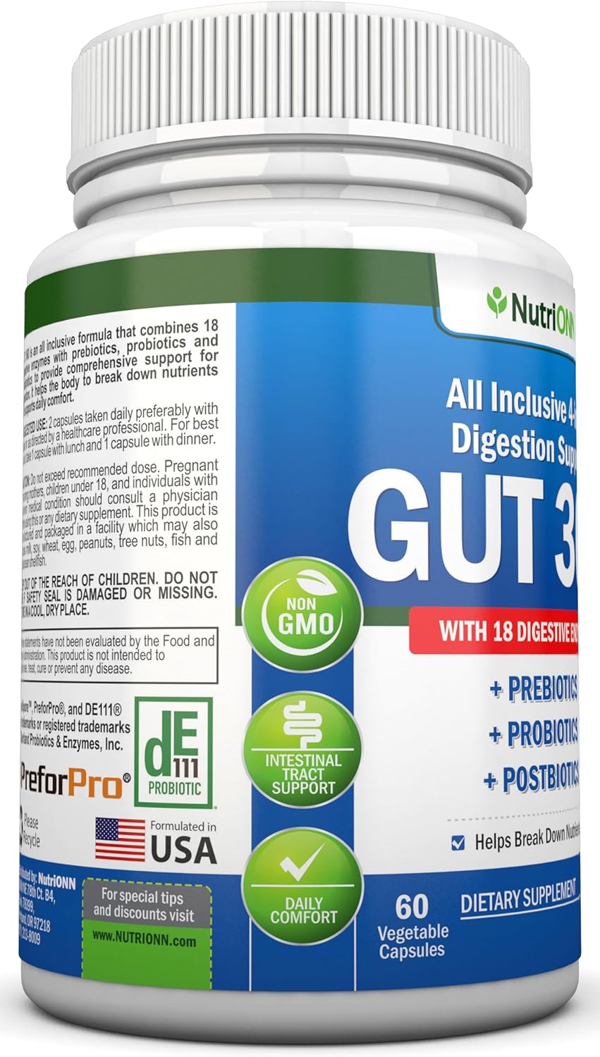4-in-1 Probiotics, Prebiotics & Postbiotics with 18 Digestive Enzymes for Women & Men - Complete Gut & Digestive Support Supplement - Bloating Relief and Enzymes for Digestion - Non GMO - Vegan