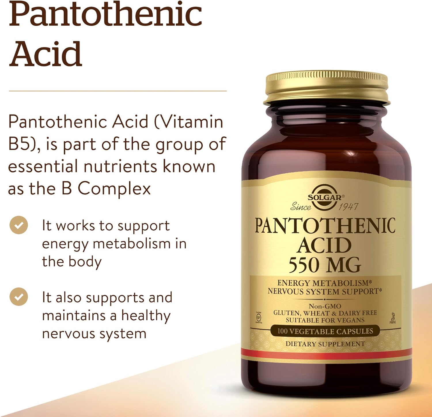 Solgar Pantothenic Acid 550 mg Vegetable Capsules Vitamin B5 Energy Metabolism Nervous System Support Gluten Free Dairy Free Kosher Servings, Standard Packaging, 100 Count