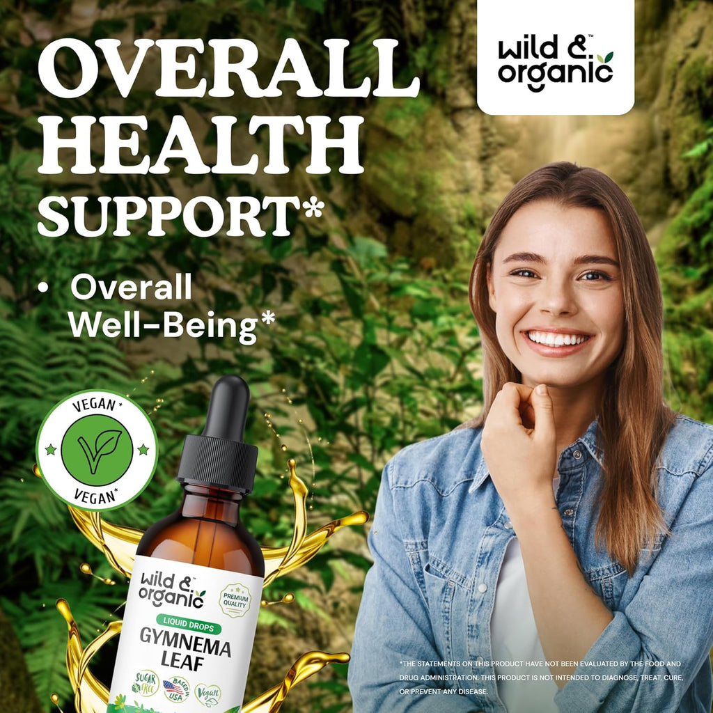 Wild & Organic Gymnema Sylvestre Extract Drops - Sugar-Free Gymnema Supplement for Overall Support - Gurmar Leaf Extract Tincture - Vegan, Alcohol-Free Liquid Drops - 2 fl oz