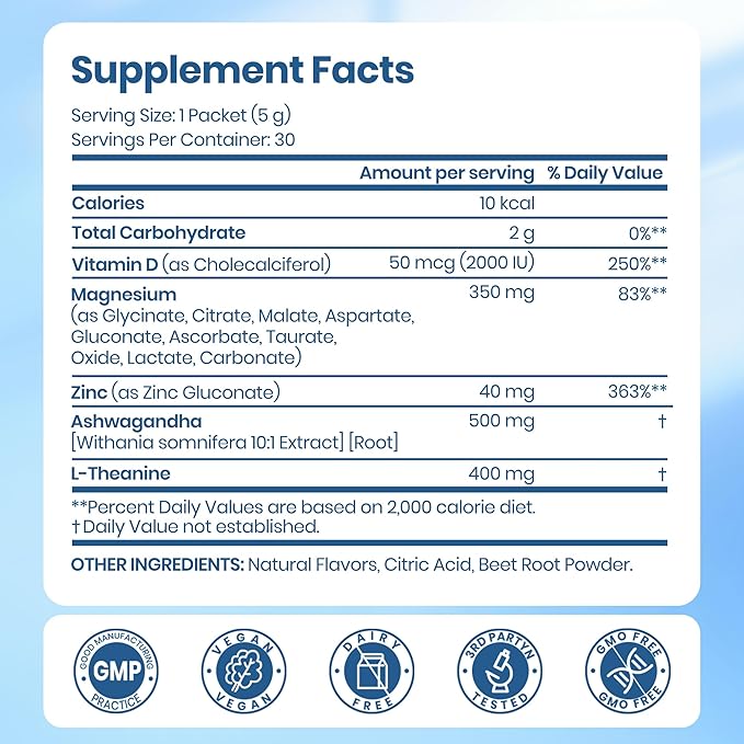 VEV Magnesium Complex for Women DeepCalm Magnesium Drink Powder Supplement with Ashwagandha, L-Theanine & Vitamin D – Calm & Relaxation – Raspberry Lemonade Flavor – Vegan – 30 Ct