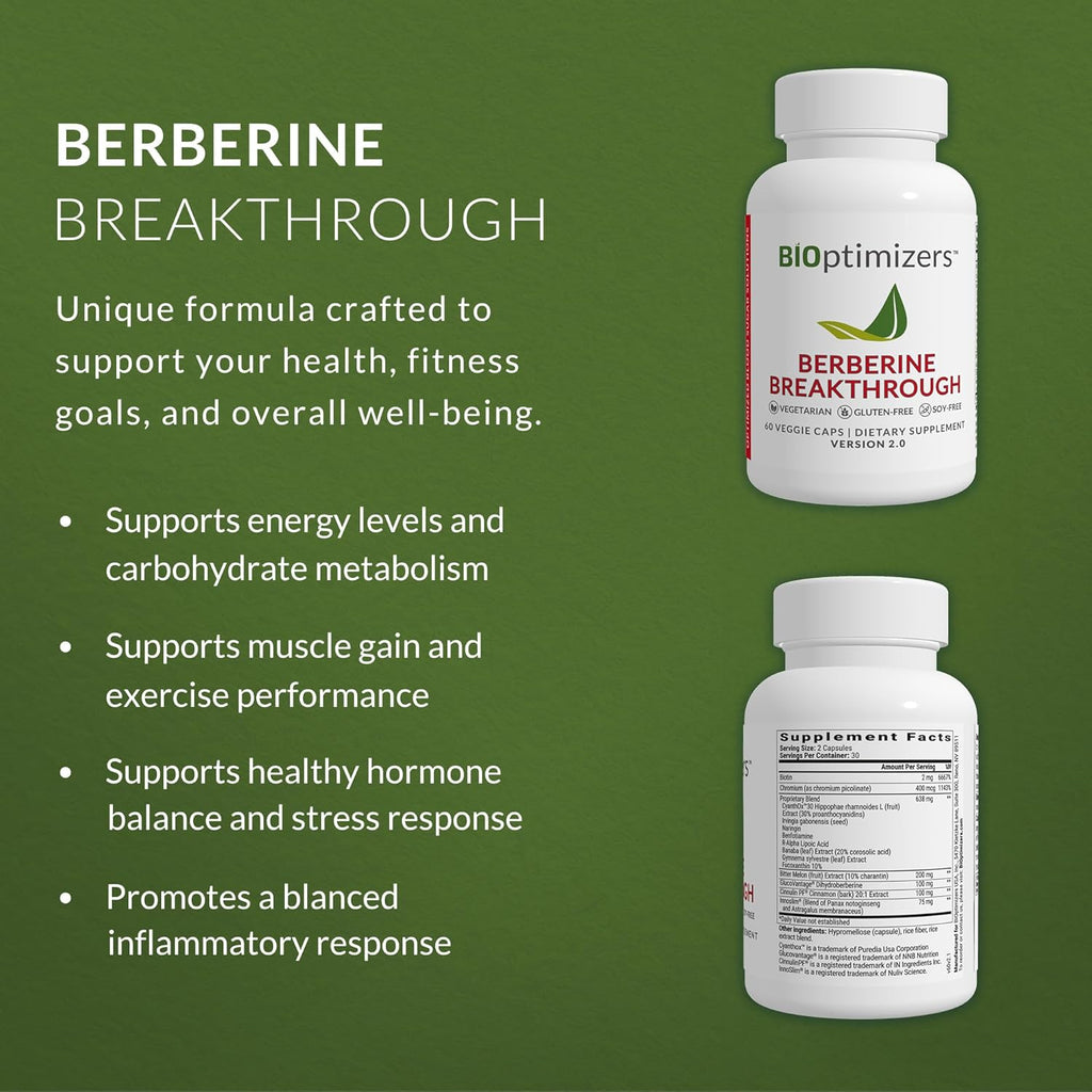 BIOptimizers Berberine Breakthrough 2.0 Supplement, 60 Capsules - Vegetarian, Gluten- and Soy-Free