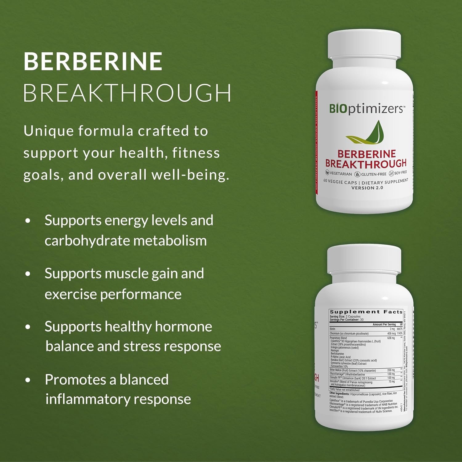 BIOptimizers Berberine Breakthrough 2.0 Supplement, 60 Capsules - Vegetarian, Gluten- and Soy-Free