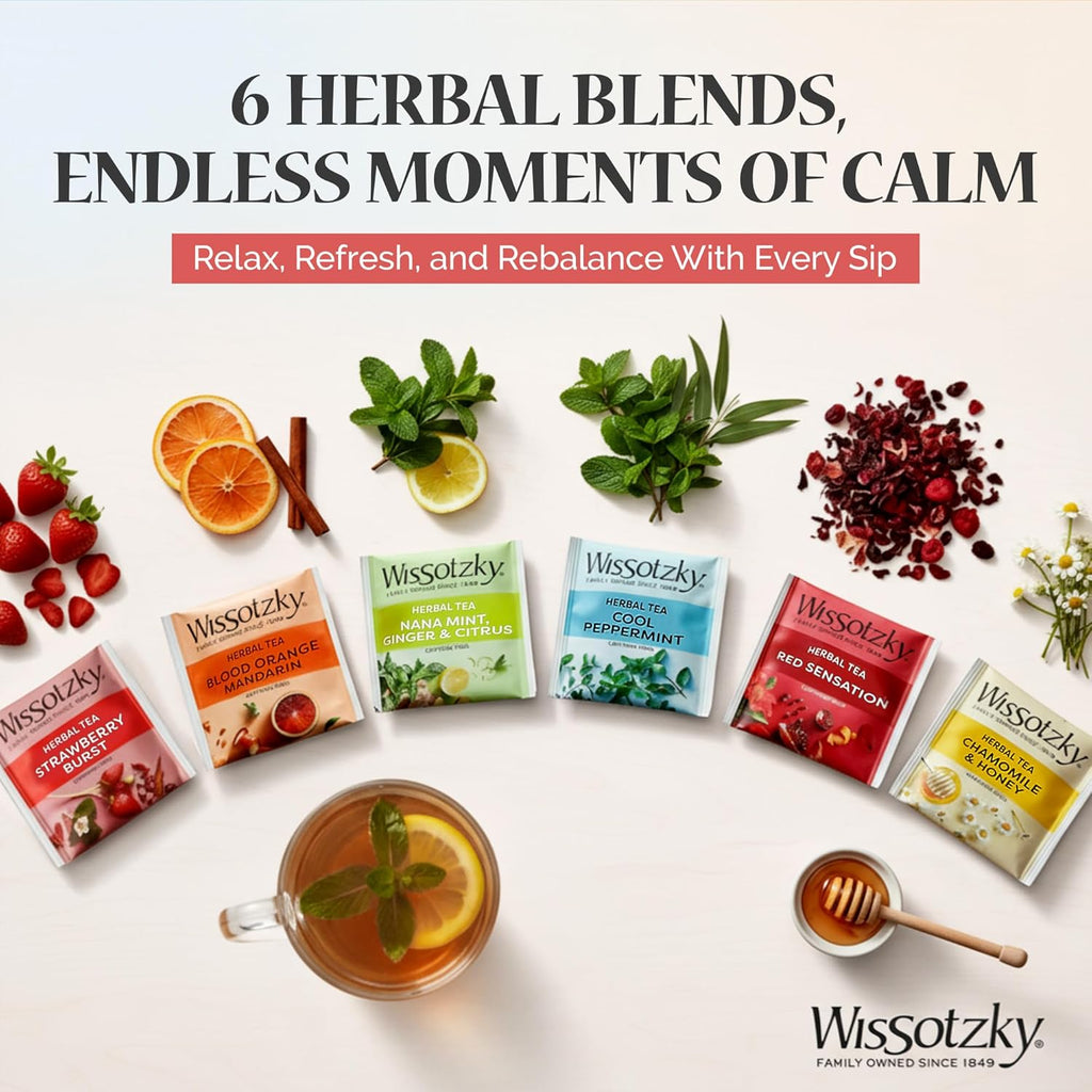 Wissotzky Herbal Tea Variety Pack Sampler (42 Tea Bags) in a Premium Reusable Gift Box | Caffeine-Free | 6 Exciting Flavors | Individually Wrapped Tea Bags | Ideal Present for Thanksgiving, Holiday & Corporate Gifting | Magnetic Closure Box | Kosher