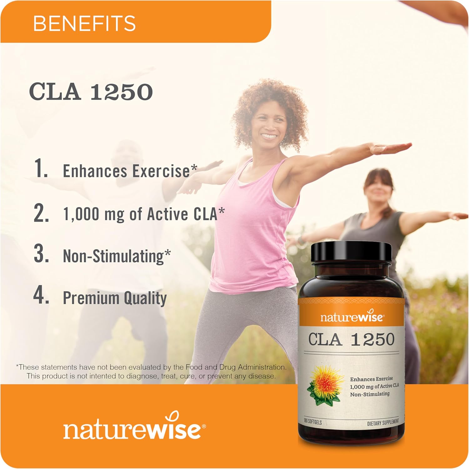 NatureWise CLA 1250 - Conjugated Linoleic Acid Supplement for Women and Men, Not Stimulating, Supports Healthy Weight, Fitness Goals - Non-GMO, Gluten Free - 90 Softgels[1-Month Supply]