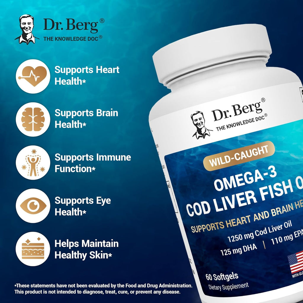 Dr. Berg Maximum Strength Omega-3 Cod Liver Fish Oil (1250 mg) from Wild-Caught Cod - Lemon-Flavored Omega-3 Fish Oil for Women & Men - EPA DHA Supplement – 60 Softgels