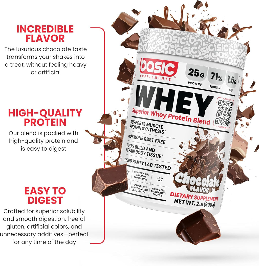 Whey Protein Powder, 25g Protein, Complete Amino Acid Profile, Gluten-Free, Low Fat, RBST-Free, Supports Muscle Recovery & Antibody Health (2 Pound, Chocolate)