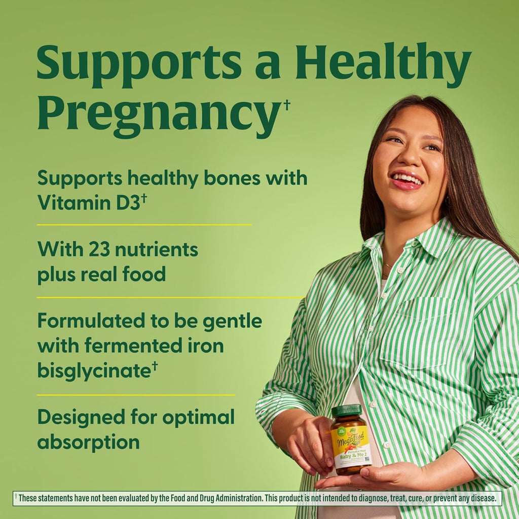 MegaFood Baby & Me 2 Prenatal Multi Vitamins - Prenatal Vitamins for Women with Choline, Methyl Folate & Iron, Vegetarian, Gluten-Free, Pre Natal Multivitamin for Women - 120 Tablets, 60 Servings