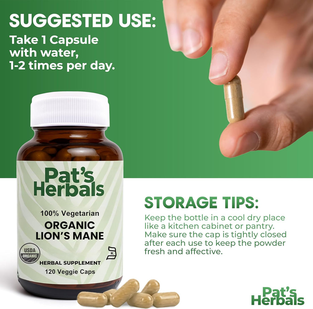 Pat's Herbals Organic Lion’s Mane Capsules | 120 Count | 1000 mg Pure Lion’s Mane | Vegan & Non-GMO