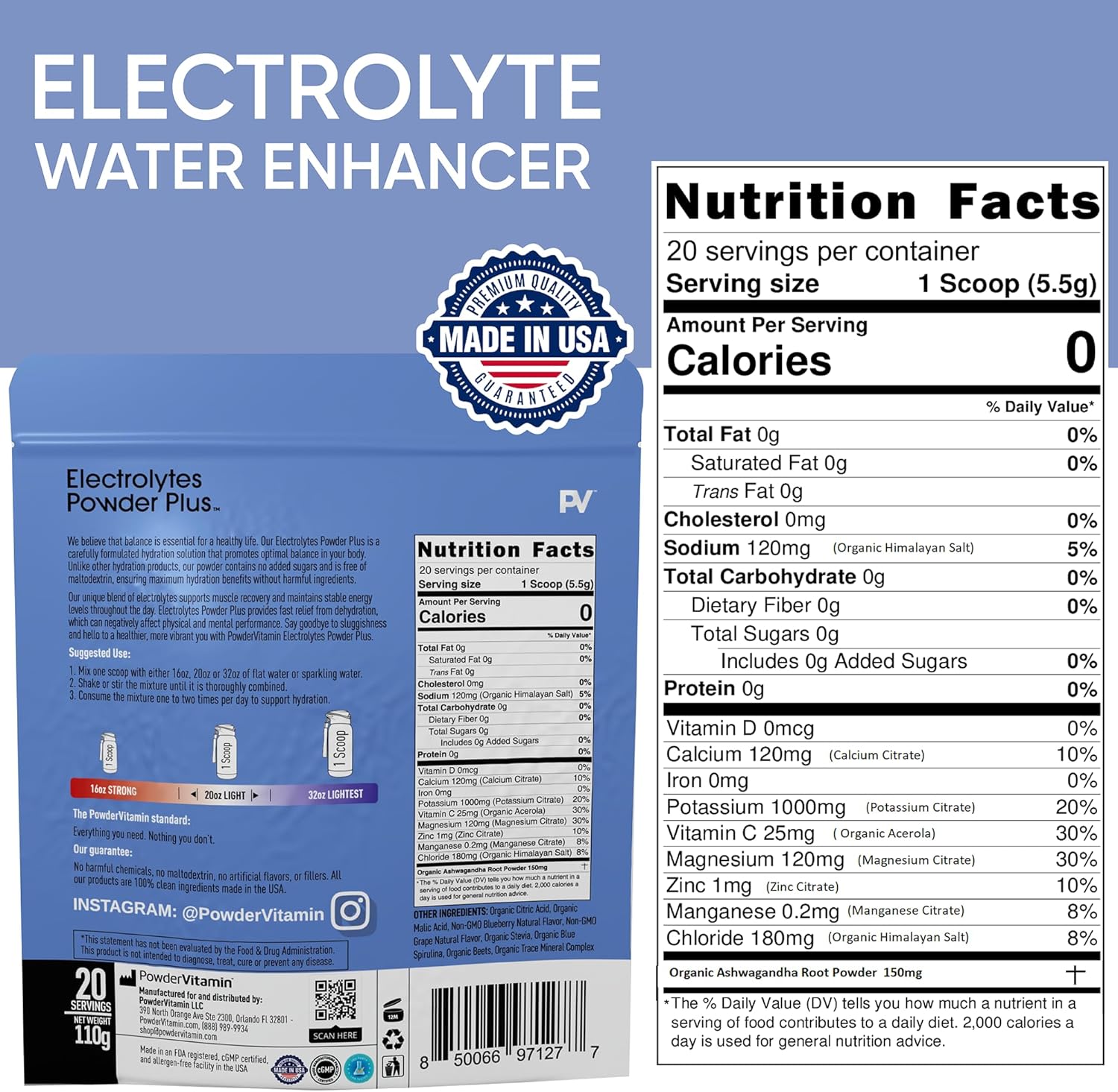 PowderVitamin Electrolytes Powder Plus (20 Servings) Blueberry Grape Electrolyte Powder Zero Calorie Keto,0 Sugar, No Maltodextrin,1000mg Potassium,120mg Calcium,120mg Magnesium, Pink Himalayan Salt