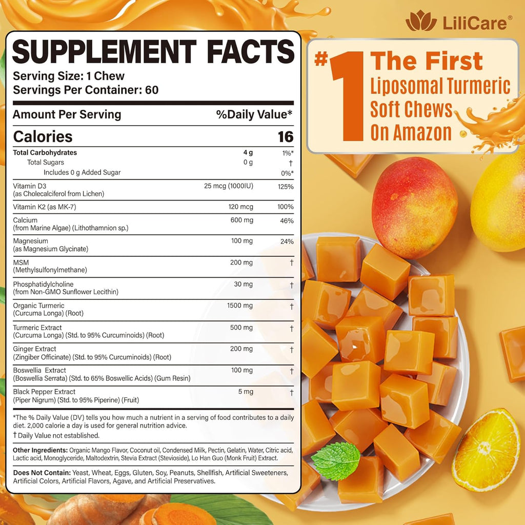 Liposomal Turmeric and Ginger Soft Chews Supplement with Black Pepper, Calcium & Vitamin D3 K2│Ultra High Absorption Liposomal Curcumin + Organic Turmeric Root & Boswellia for Adults, Sugar Free, 60Ct
