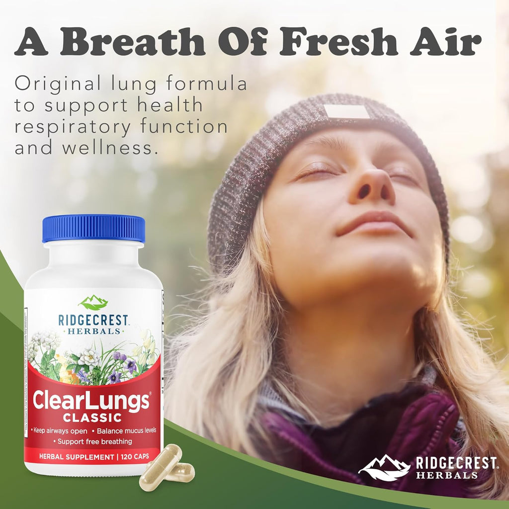 Ridgecrest Herbals ClearLungs Classic, Natural Lung and Nasal Daily Health Supplement for Bronchial, Respiratory, Immune, Sinus, and Mucus Wellness Support, Herbal Formula (120 Caps, 60 Serv)