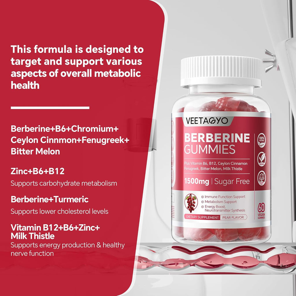 Berberine Supplement 1500mg,Sugar Free Berberine with Ceylon Cinnamon Gummies,Chromium,Turmeric, Fenugreek for Naturally Metabolism Balanced, Berberine HCl from Indian Barberry Extract, 120 Cts