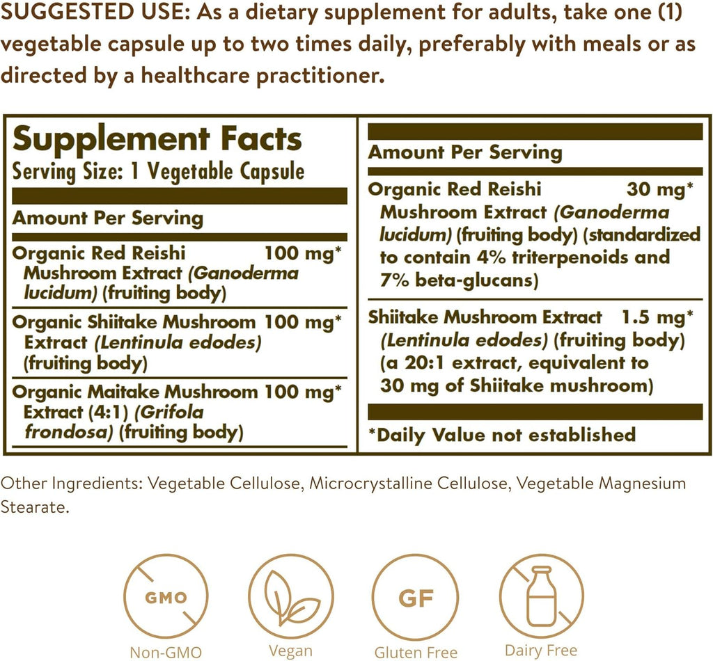 Solgar Multi-Mushroom Complex, 50 Vegetable Capsules - Reishi, Shiitake, Maitake Mushroom Extract - Natural Source of Beta Glucans - Non-GMO, Vegan, Gluten Free, Dairy Free - 50 Servings
