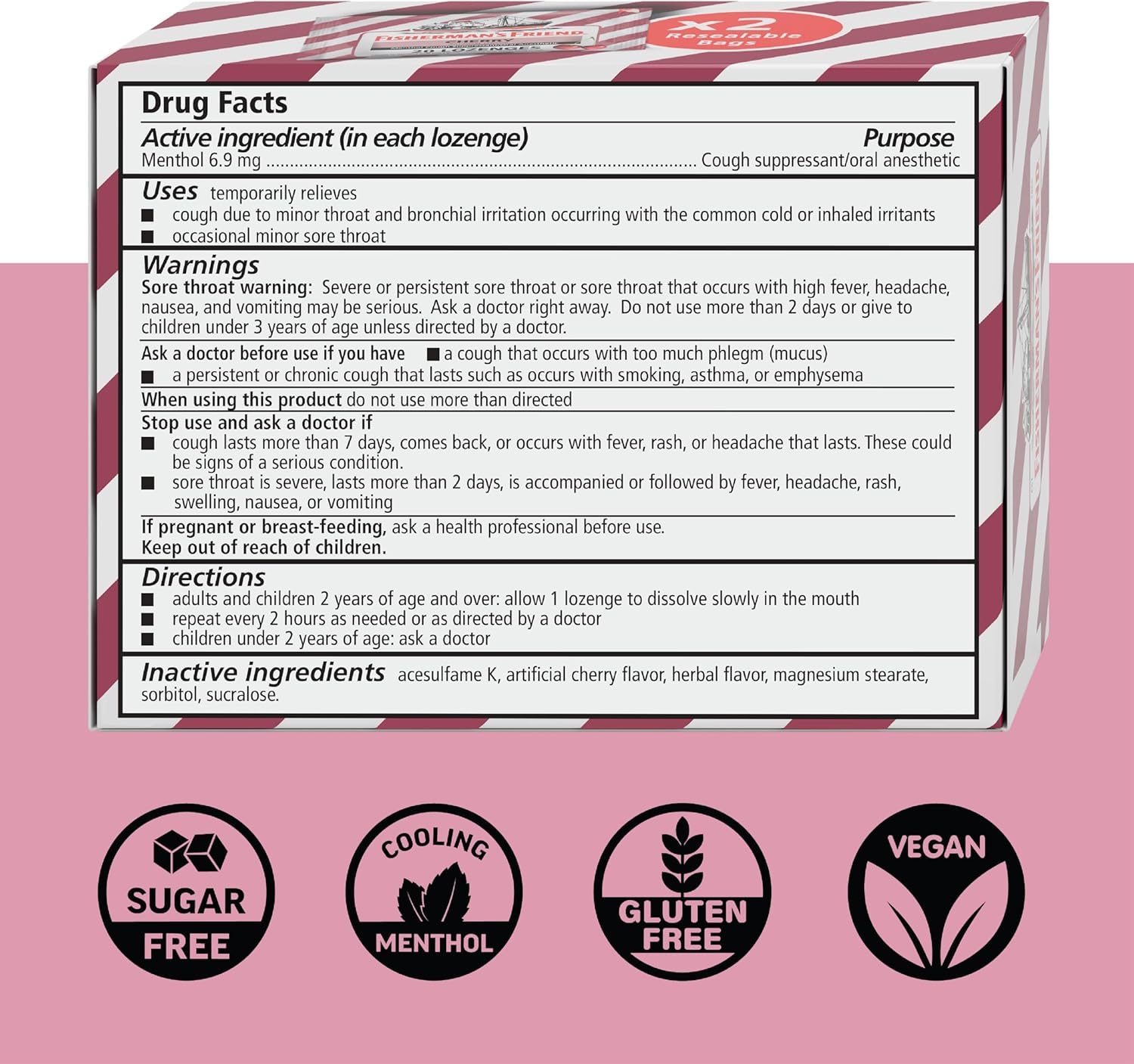 Fisherman's Friend Cough Drops, Cough Suppressant and Sore Throat Lozenges, Sugar Free Cherry, 6.9mg Menthol, 240 Drops (6 Packs of 40)
