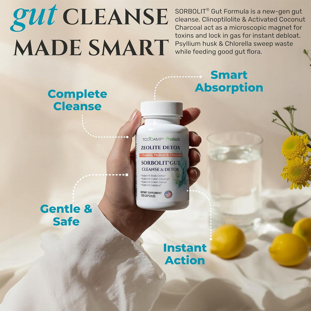 SORBOLIT Colon Cleanse Formula + Debloat - Zeolite Detox, Chlorella, Activated Charcoal & Psyllium Husk Fiber for Gut Health, Gut Cleanse, Colon Detox & Digestive Balance – 120 Vegan Capsules