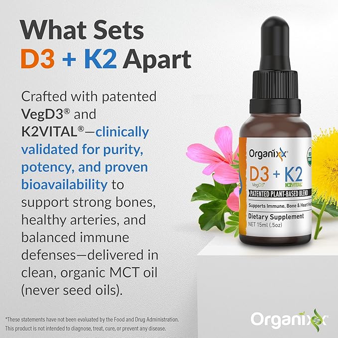 Organixx D3 K2 Supplement, Supports Bone and Immune Health, Bioavailable and Easy Absorption Formula with MCT Oil, for Overall Wellness, Clean Nutrient Blend, Non GMO, 15 ML, 30 Servings