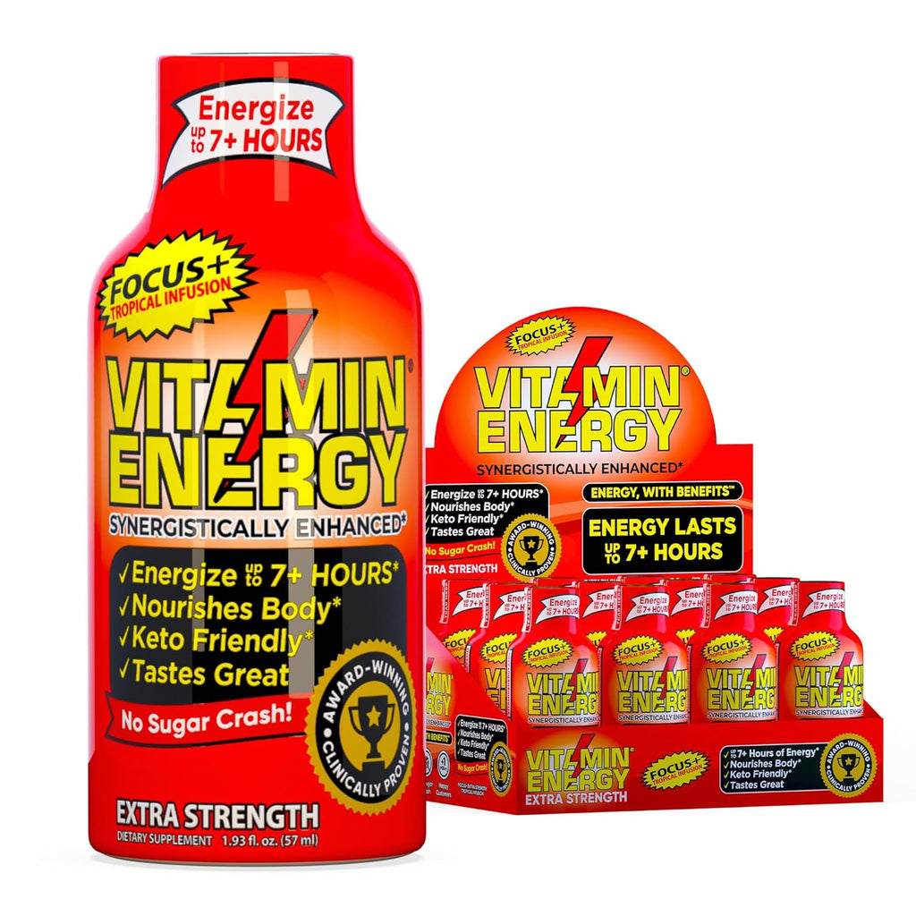 Vitamin Energy Focus+ Extra Strength Energy Shot Tropical Infusion 12 Pack, 260mg Natural Caffeine, B-Vitamins, CoQ10, Amino Acids, Focus, Productivity & Clarity, Zero Sugar, Gluten-Free, 1.93 fl oz