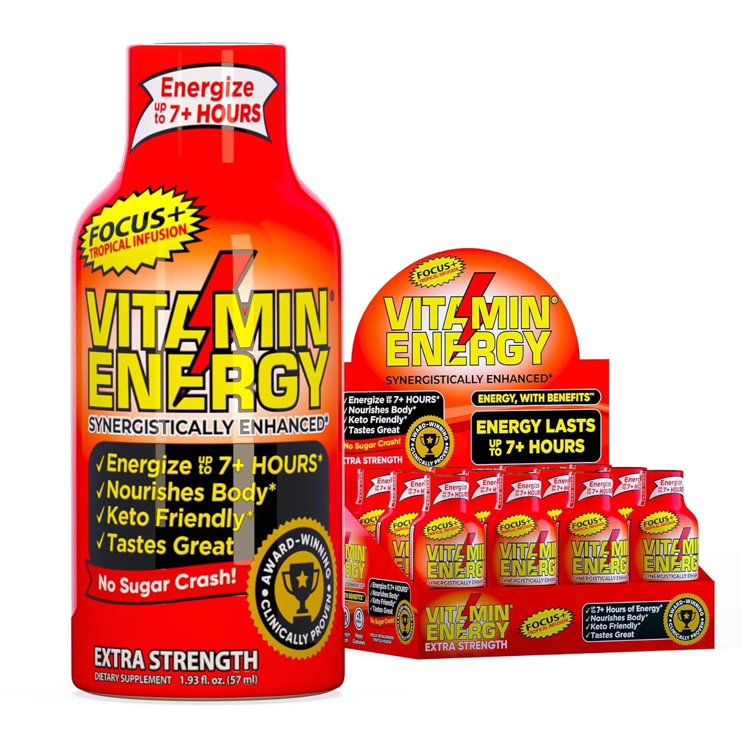 Vitamin Energy Focus+ Extra Strength Energy Shot Tropical Infusion 12 Pack, 260mg Natural Caffeine, B-Vitamins, CoQ10, Amino Acids, Focus, Productivity & Clarity, Zero Sugar, Gluten-Free, 1.93 fl oz