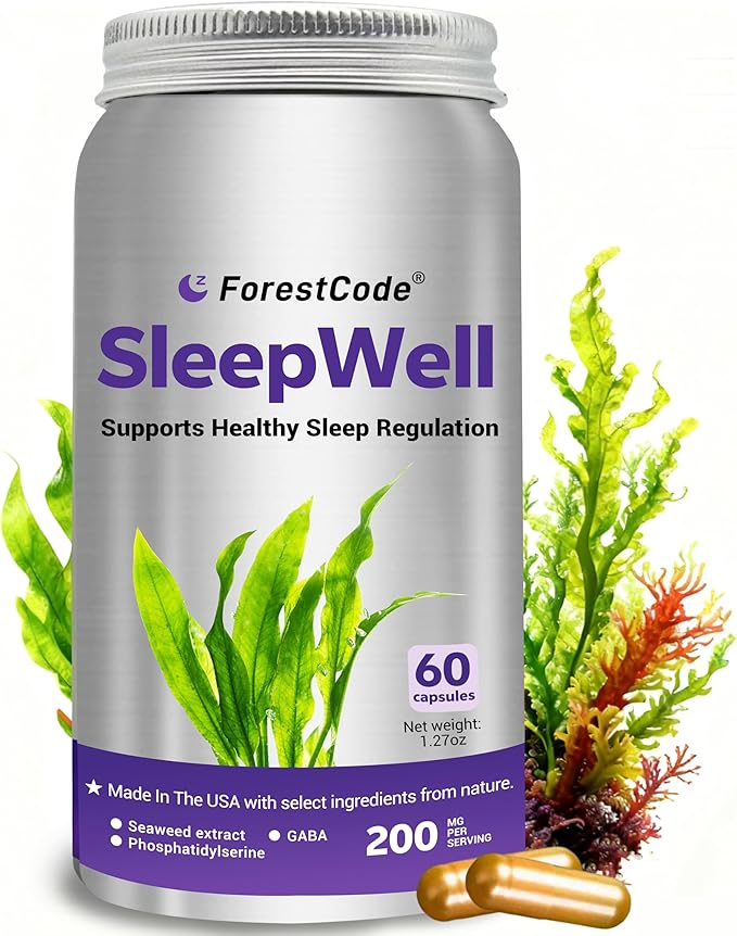Melatonin-Free Sleep Aid for Adults with GABA & Seaweed Extract - Natural Supplement for Deep Sleep & Waking Up Refreshed, Stress Relief & Cognitive Support - Non-Habit Forming, 60 Capsules