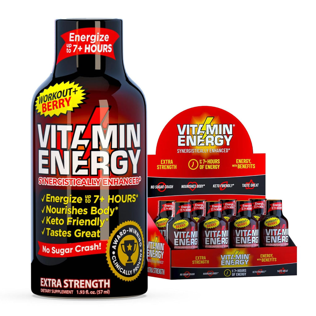 Vitamin Energy Workout+ Extra Strength Energy Shot Berry 8 Pack, 260mg Natural Caffeine, Pre-Workout, B-Vitamins, Minerals, Endurance & Performance, Zero Sugar, Gluten-Free, Vegan, 1.93 fl oz