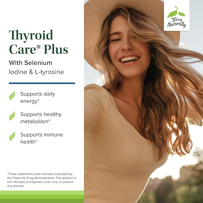 Terry Naturally Thyroid Care Plus - Supplement to Aid Thyroid - Dietary Supplement for Energy & Healthy Hair Support - L-Tyrosine & Selenium - 60 Capsules