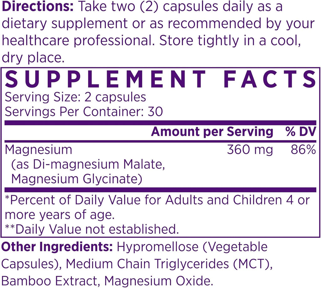 NAOMI Mighty Mg Magnesium Glycinate & Malate Complex 360mg, High Absorption Formula, Elemental Magnesium Supports Heart Health, Strong Bones, Better Sleep, Gluten-Free, Non-GMO, Vegan, 60 Veggie Caps