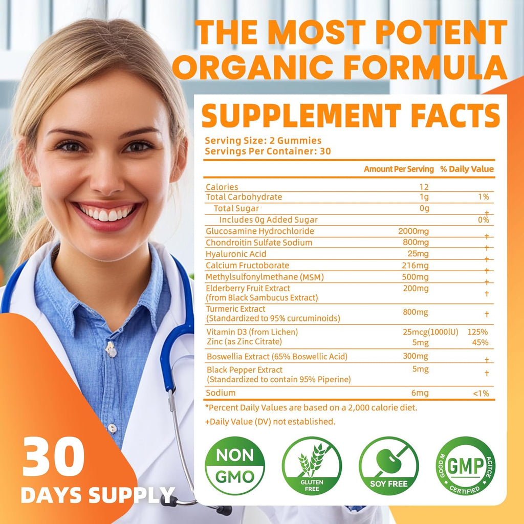 Glucosamine Chondroitin Gummies with MSM & Elderberry Extra Strength - Joint Support, Antioxidant Immune Support Supplement for Adults, Men & Women.Orange-2pack