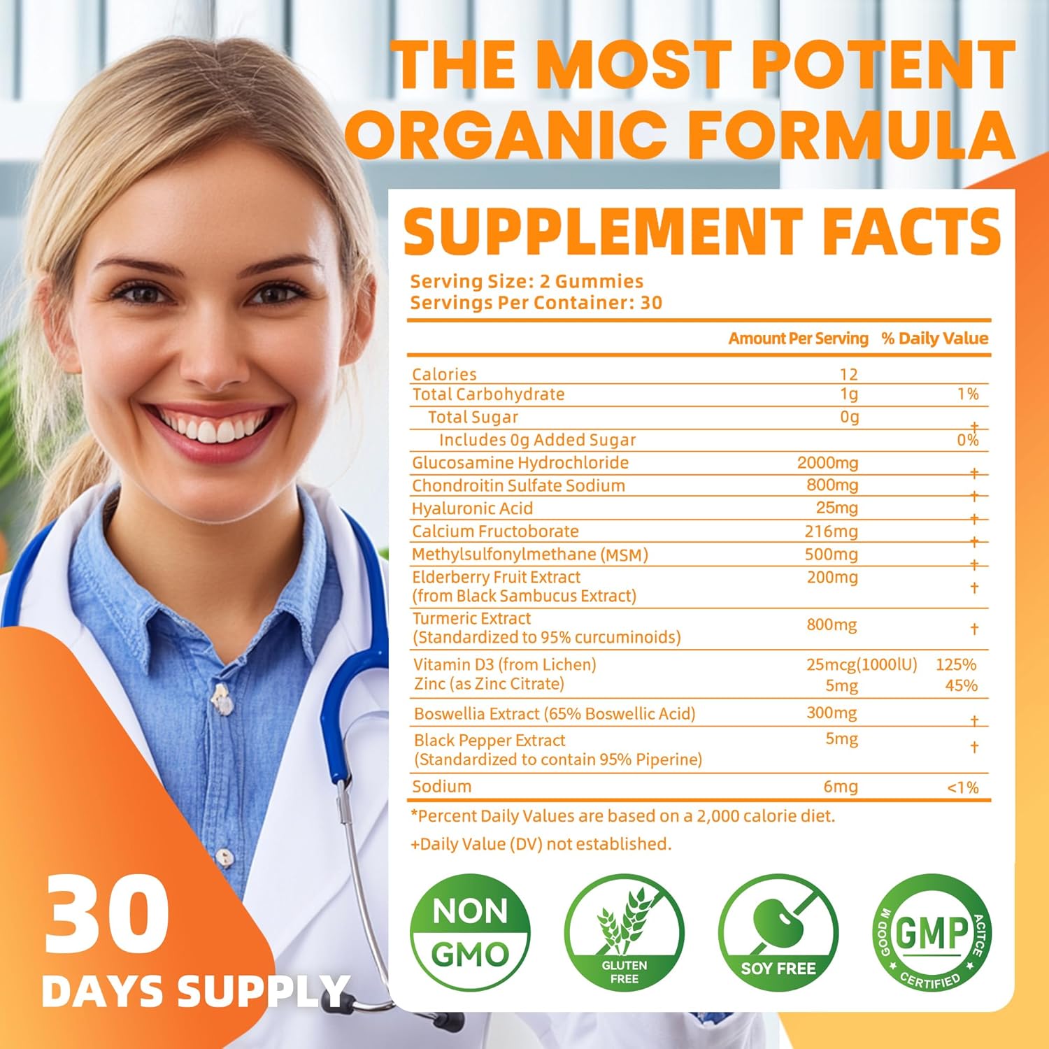 Glucosamine Chondroitin Gummies with MSM & Elderberry Extra Strength - Joint Support, Antioxidant Immune Support Supplement for Adults, Men & Women.Orange-2pack