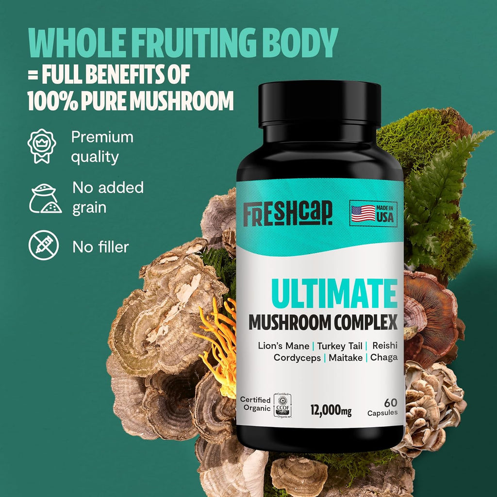 FreshCap Mushrooms Ultimate Mushroom Supplement 12,000mg - Nootropic Mushroom Complex Capsules, Organic Mushrooms Supplement, Nootropic Brain Supplements for Memory and Focus Ayurveda (60 Capsules)
