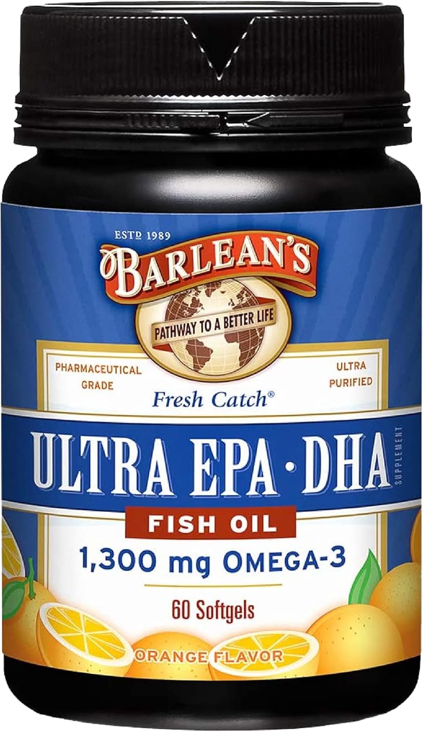 Barlean's Omega 3 Fish Oil Supplements, Supplement Softgels for Men and Women, 1300 mg Ultra EPA and DHA Fatty Acids, Orange Flavored, 60 Count