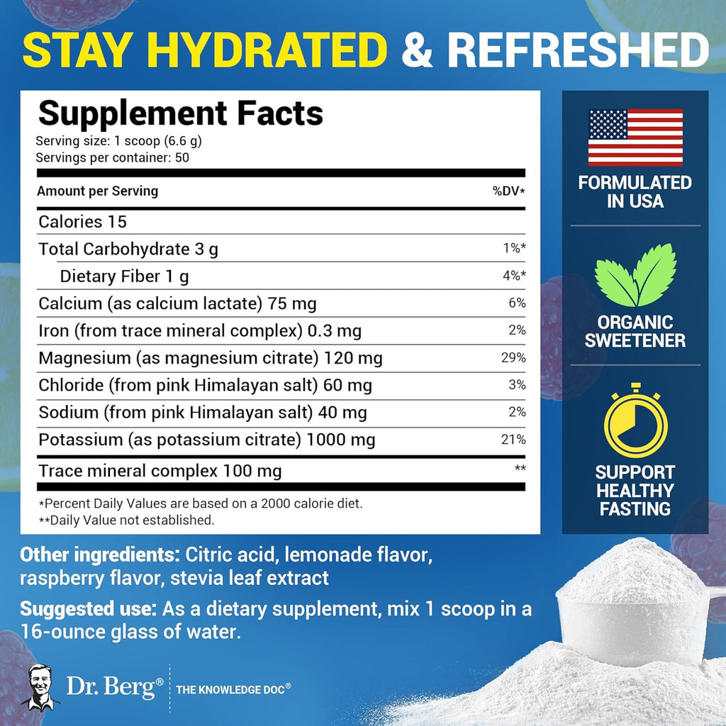 Dr. Berg Zero Sugar Hydration Keto Electrolyte Powder - Enhanced w/ 1000 mg of Potassium & Real Pink Himalayan Salt (NOT Table Salt) - Raspberry & Lemon Flavor Hydration Drink Supplement - 50 Servings