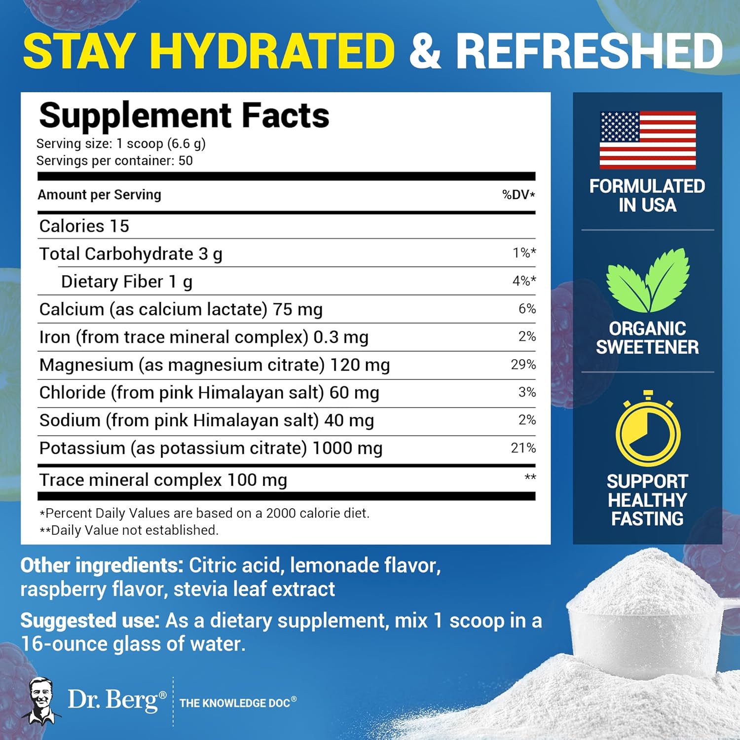 Dr. Berg Zero Sugar Hydration Keto Electrolyte Powder - Enhanced w/ 1000 mg of Potassium & Real Pink Himalayan Salt (NOT Table Salt) - Raspberry & Lemon Flavor Hydration Drink Supplement - 50 Servings