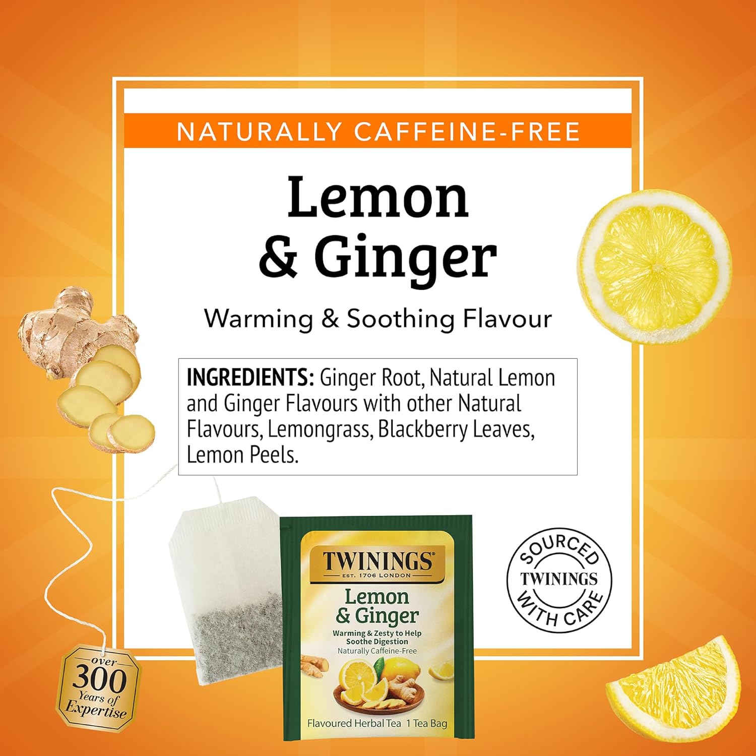 Twinings Lemon & Ginger Herbal Tea Individually Wrapped Bags, 100 Count (Pack of 1), Tangy Lemon, Spicy Ginger, Naturally Caffeine-Free, Enjoy Hot or Iced, 100 Teabags