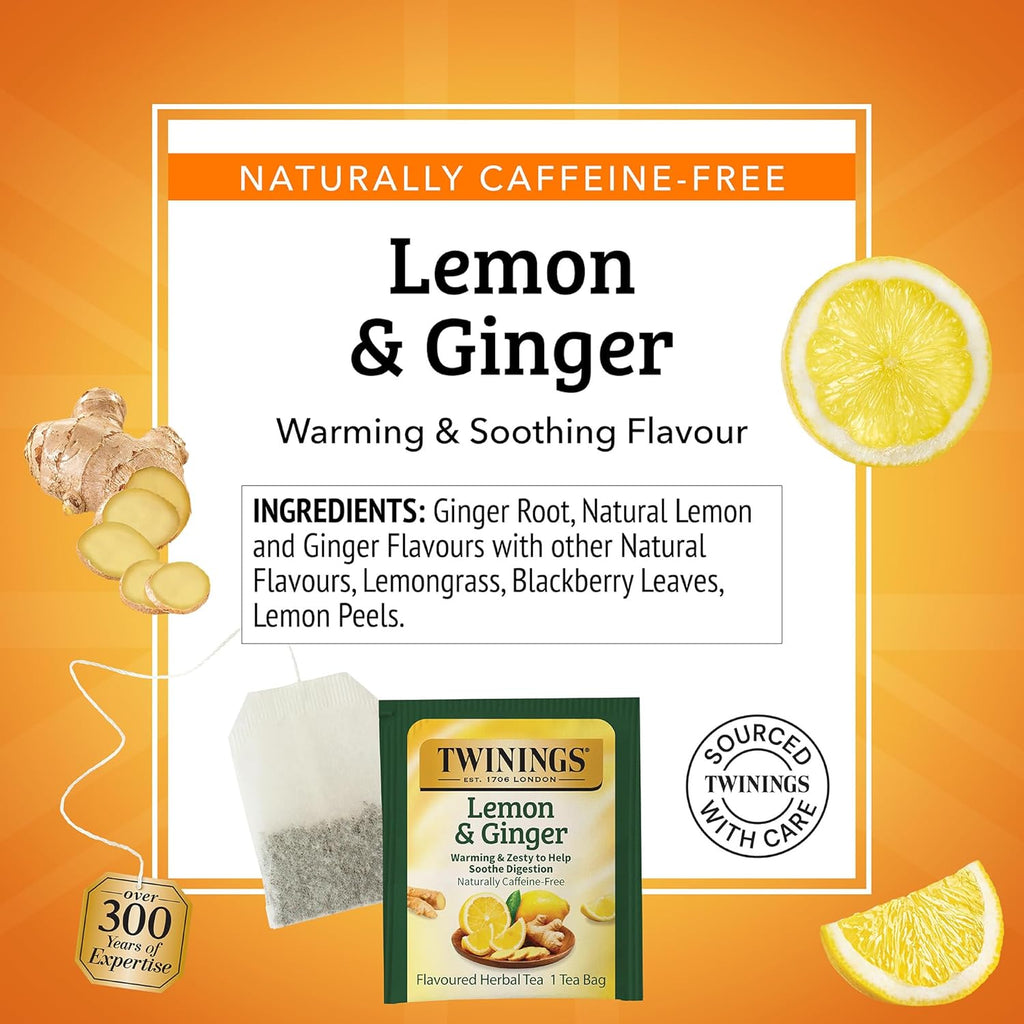 Twinings Lemon & Ginger Herbal Tea Individually Wrapped Bags, 25 Count (Pack of 6), Spicy Ginger, Lemon Peel, & Lemongrass, Naturally Caffeine-Free, Enjoy Hot or Iced, 150 Teabags