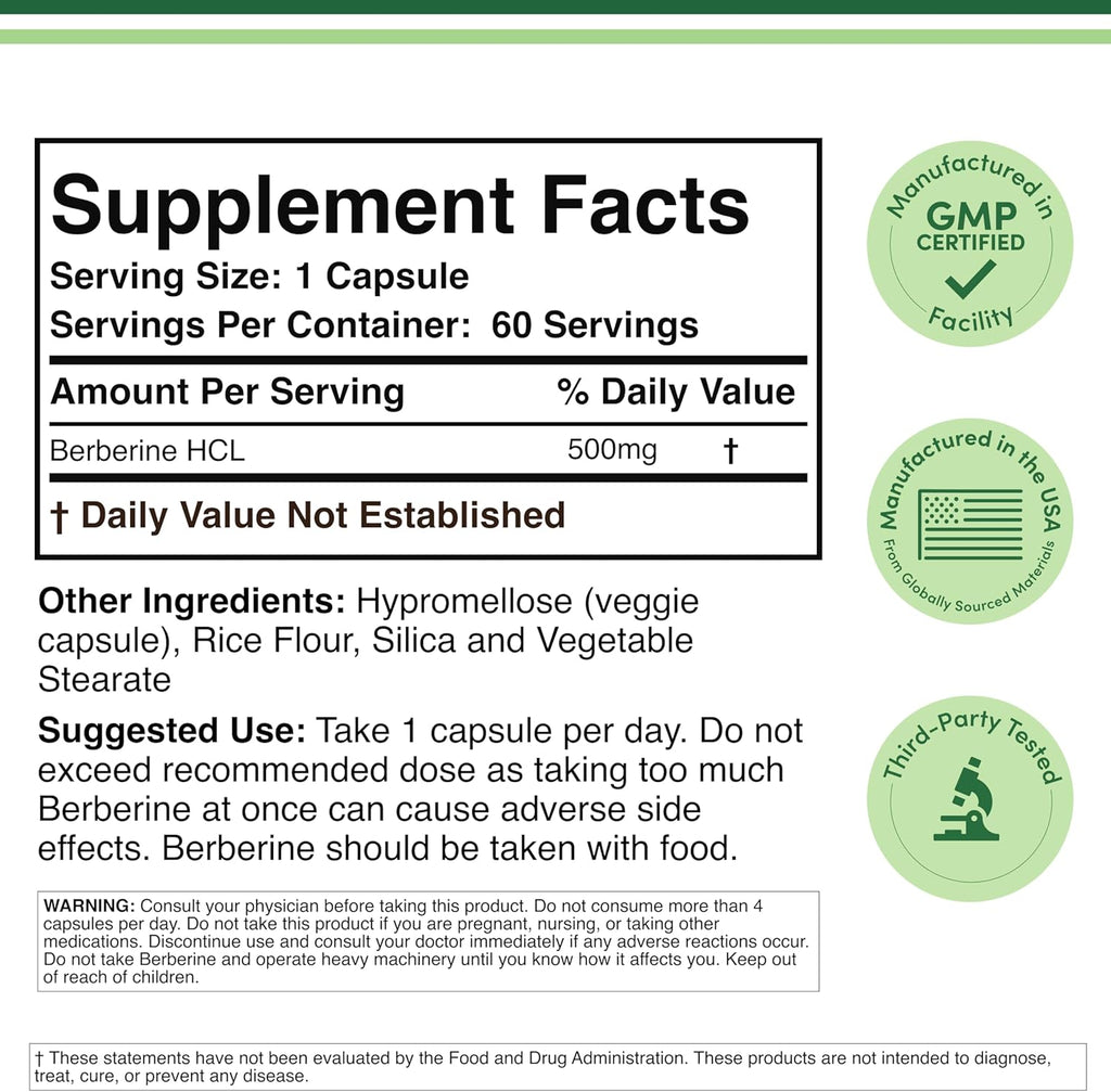Berberine Supplement 500mg, 60 Capsules (Third Party Tested, Non-GMO, Gluten Free, Vegan Safe) AMPK Activator - Berberine HCL for Cardiovascular Health by Double Wood