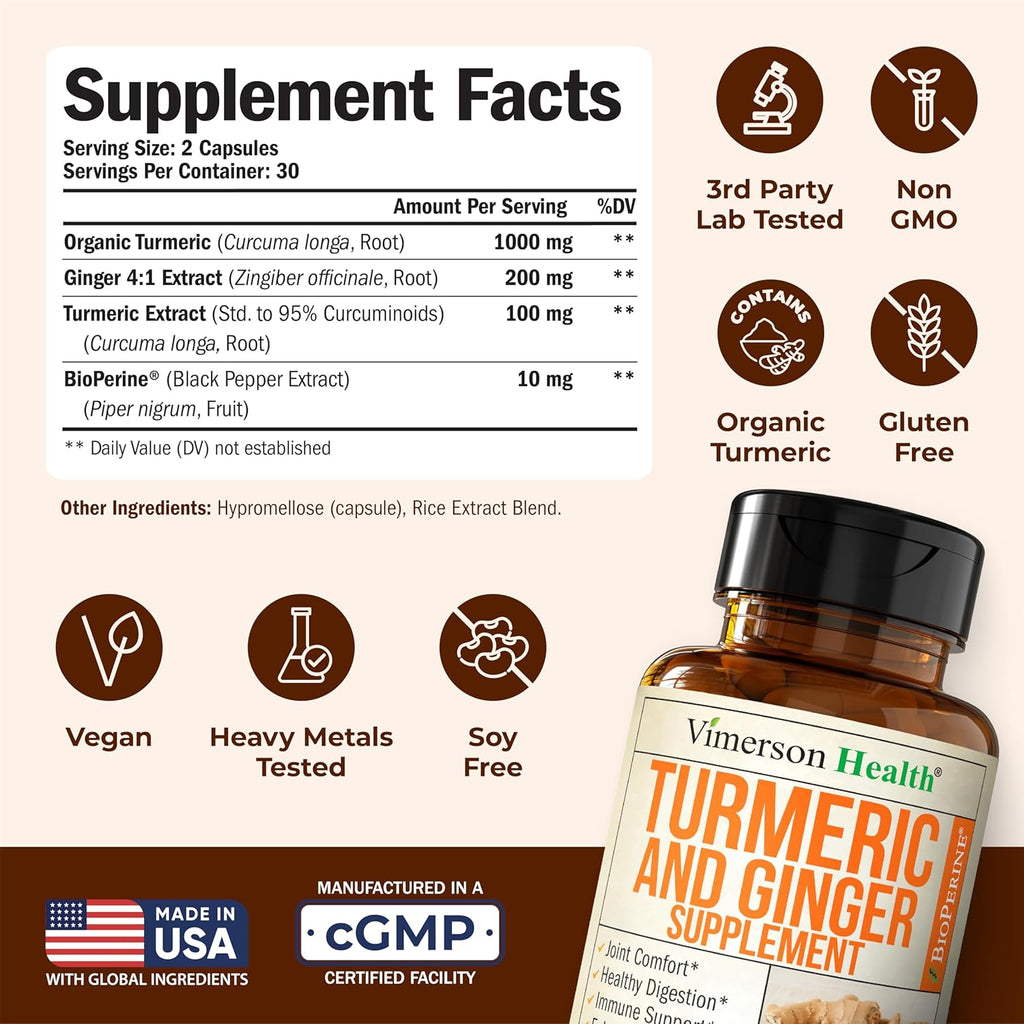 Turmeric Curcumin Supplement with Ginger Root for Joint Support, Digestive & Gut Health - Contains Organic Turmeric Curcumin with Black Pepper (Bioperine) for Enhanced Absorption - 60 Capsules, 2 Pack